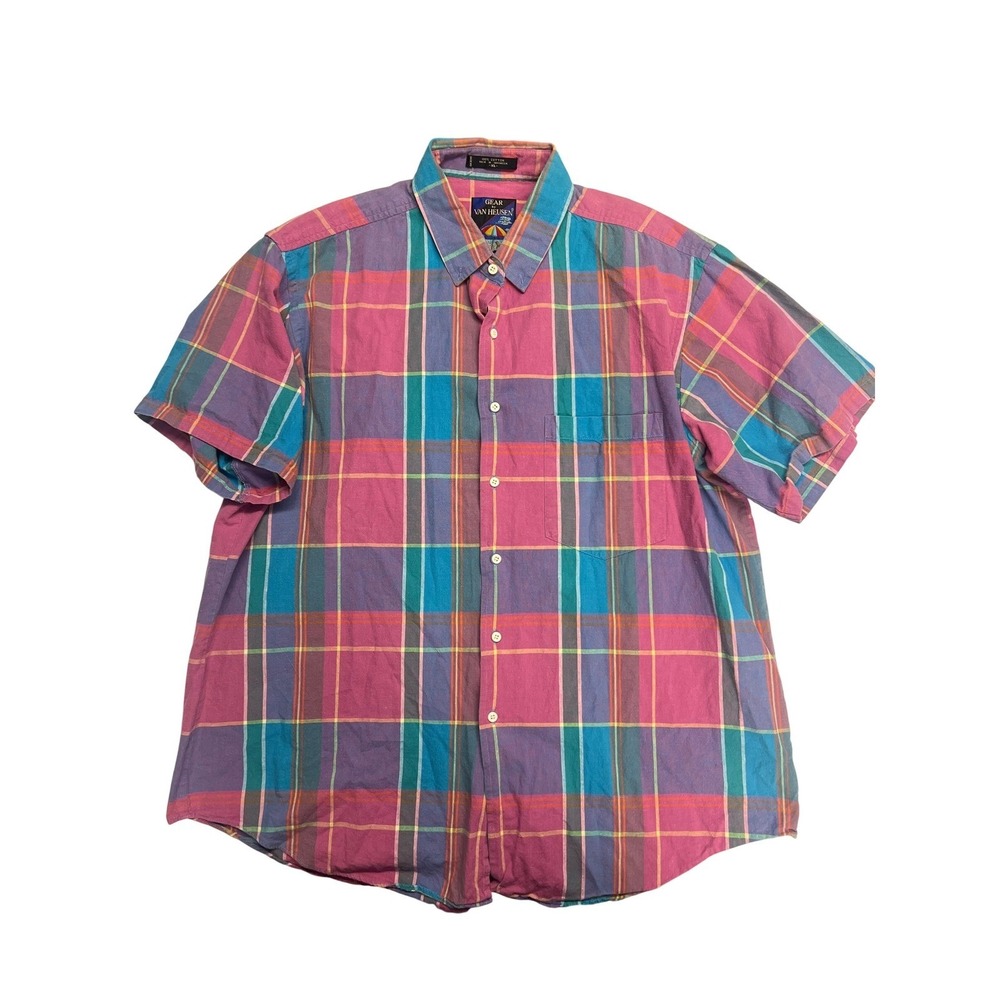 Gear by Van Heusen Mens XL Plaid Short Sleeve Button Up Shirt Casual Cotton Nerd